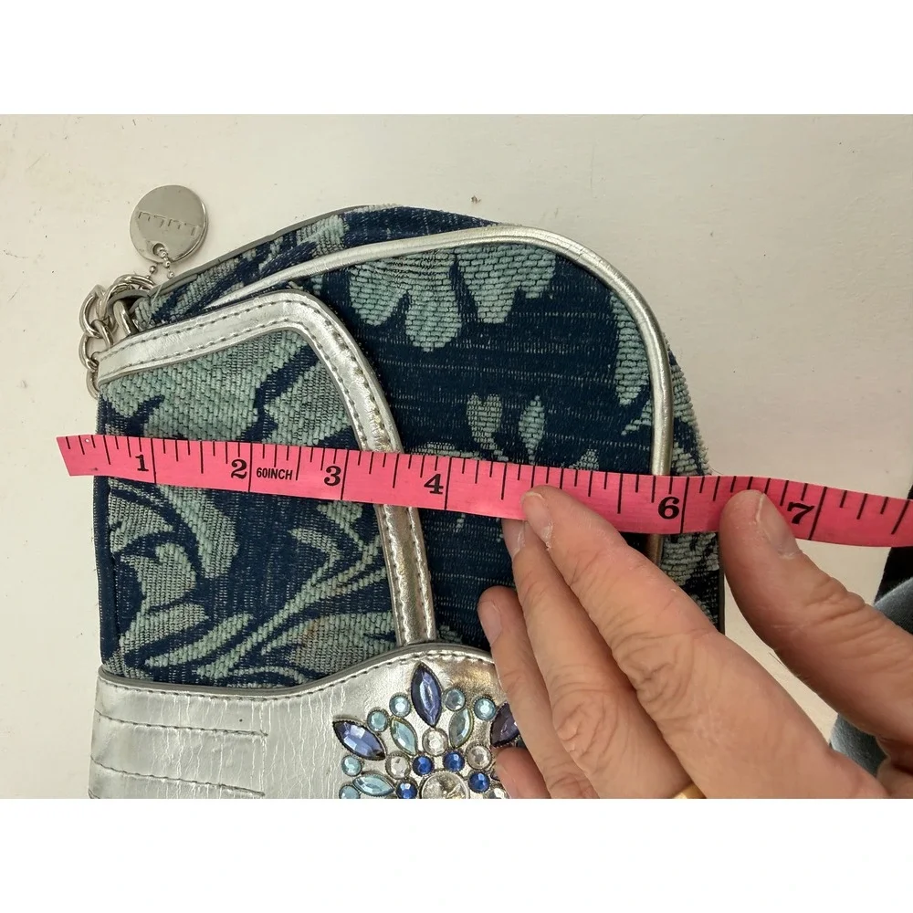 Lulu Beaded Floral Shoulder Bag Silver Leather Trim‎ Chain Strap Y2K Boho